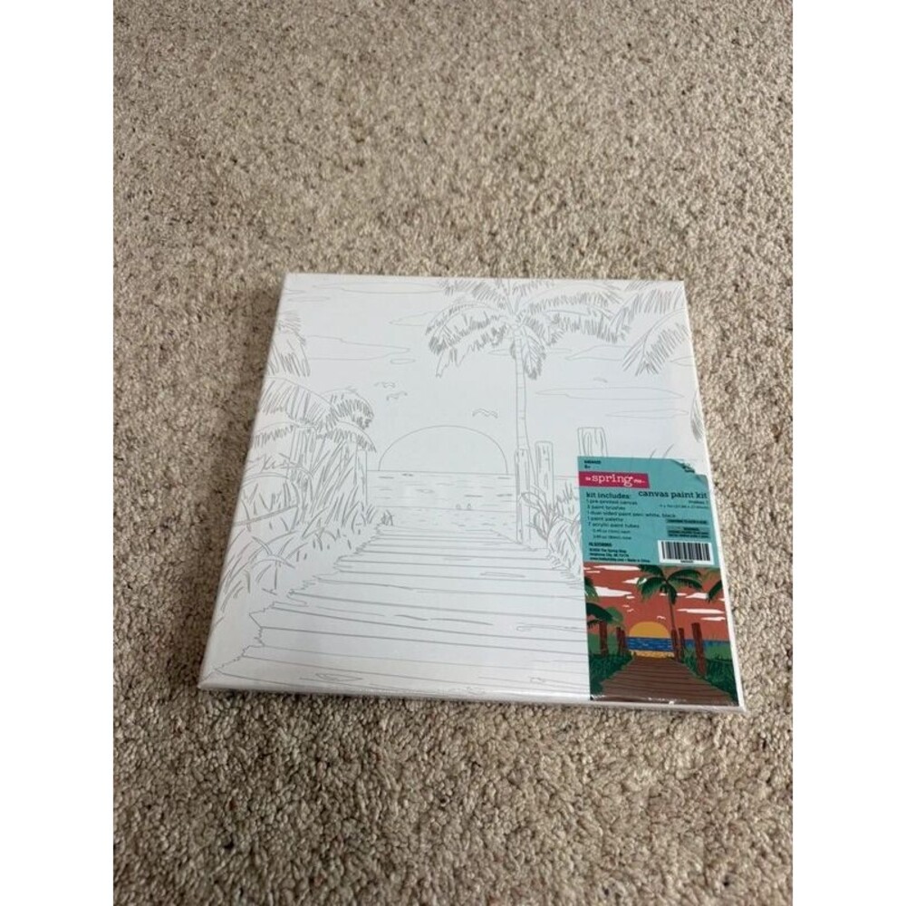 The Spring Shop Beach Sunset Pre-Printed Canvas Paint Kit 11x11 DIY Art Set NWT